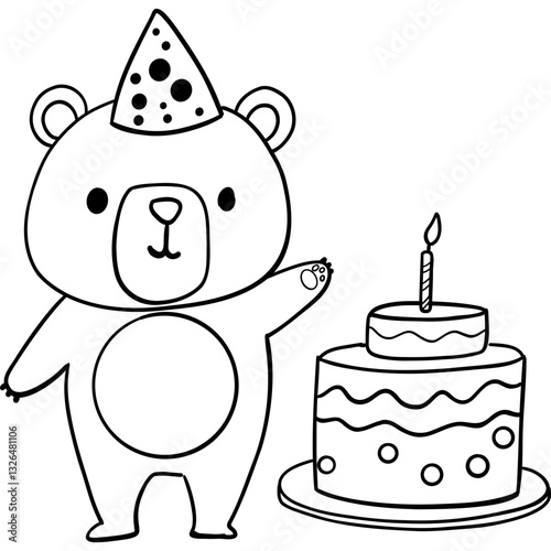 Bear birthday theme, A cheerful bear in a party hat stands beside a decorated birthday cake. Outline for coloring .