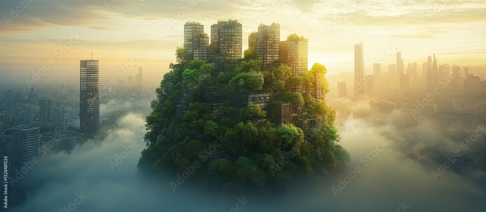 Fototapeta premium Floating Eco-City Over a Misty Metropolis.
