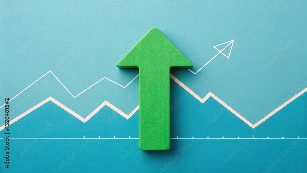 Obraz premium Business development and dynamic growth for success. Green arrow symbolizing growth against a blue background with graph lines.