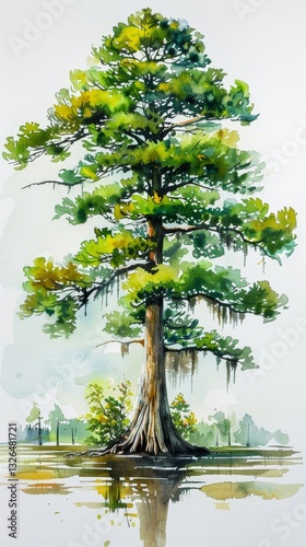 Beautiful Louisiana Bald Cypress Tree on Bright White Background with Watercolor Effect