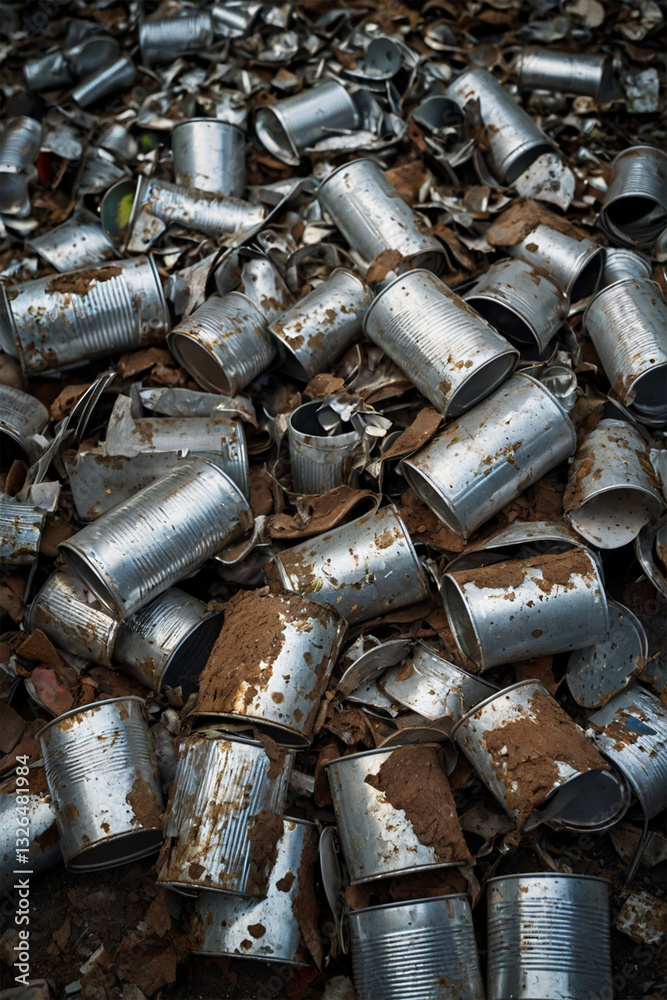 A pile of dirty, rusted tin cans scattered in a scrapyard. A raw and gritty scene of waste, recycling, and industrial decay A pile of dirty, rusted tin cans scattered in a scrapyard. A raw and gritty scene of waste, recycling, and industrial decay