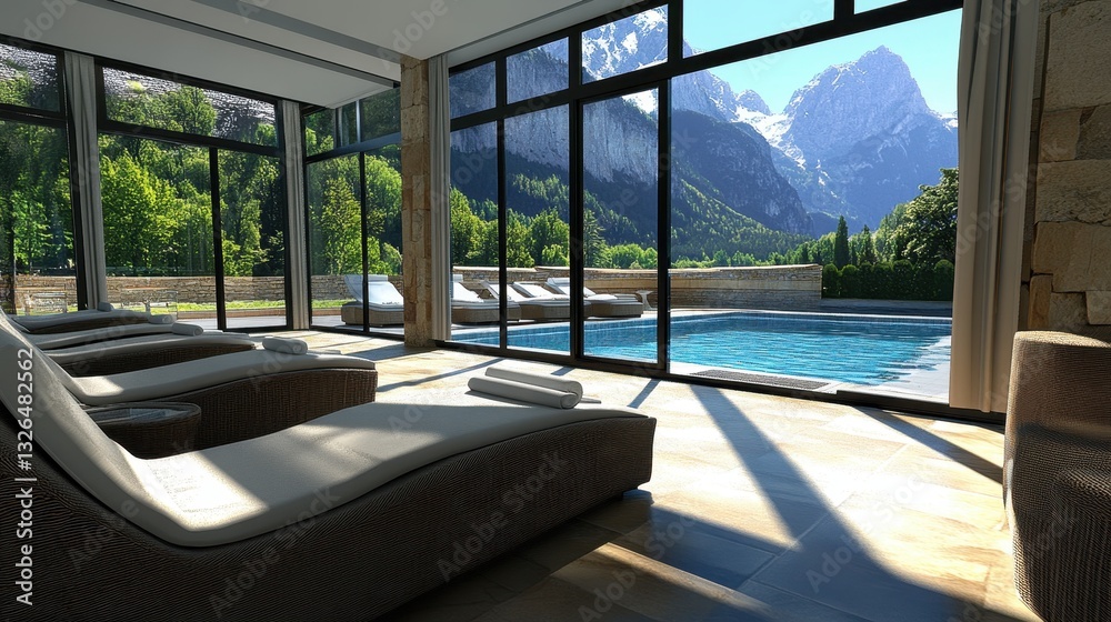 Fototapeta premium Serene Spa Lounge with Mountain View and Inviting Pool Area