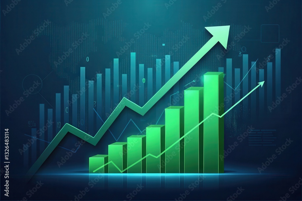 Business development and dynamic growth for success. Growth chart with ascending green bars and arrows against a dark background, symbolizing progress and success. Business development and dynamic growth for success. Growth chart with ascending green bars and arrows against a dark background, symbolizing progress and success.