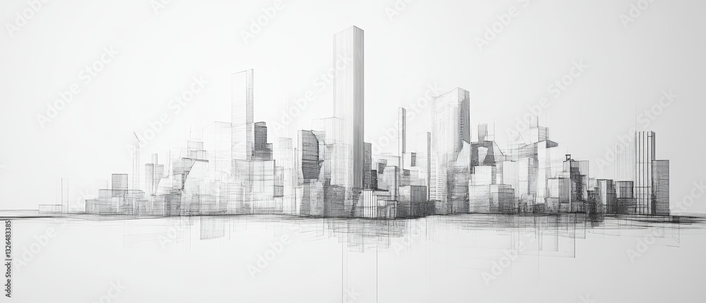 Fototapeta premium Cityscape Line Art: Urban Skyline Reflection 