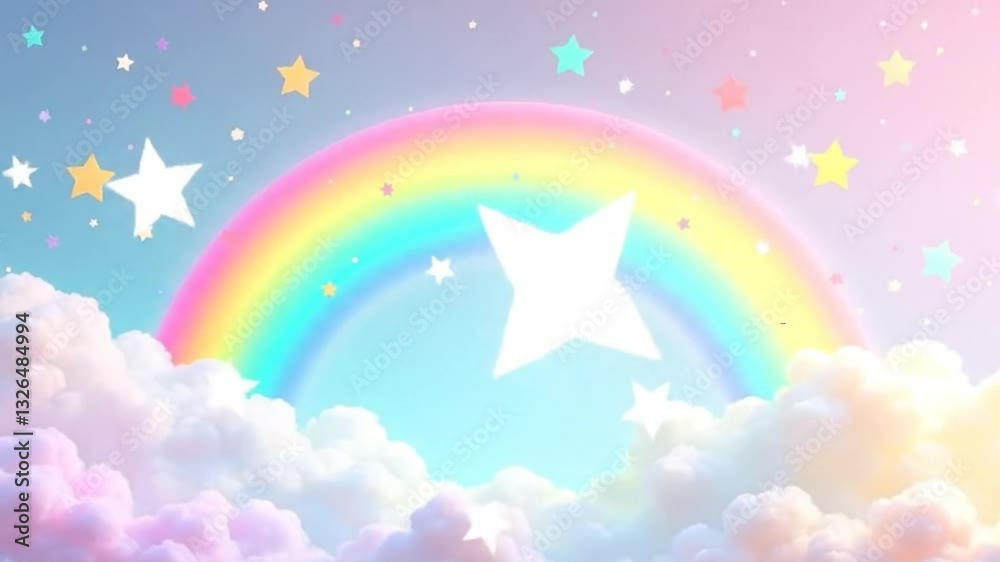 Pastel-colored cartoon background of a rainbow above soft clouds and twinkling stars. A vibrant rainbow arches across the sky in a semi-circle. The colors are distinct and bright.