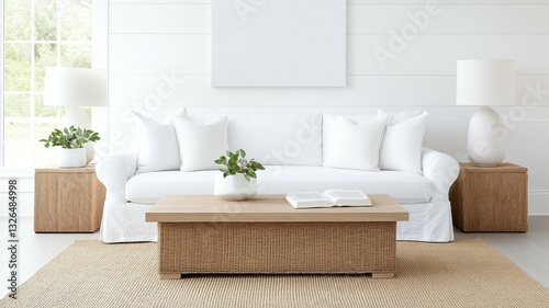 Minimalist living room with white decor, wooden accents, and natural light.