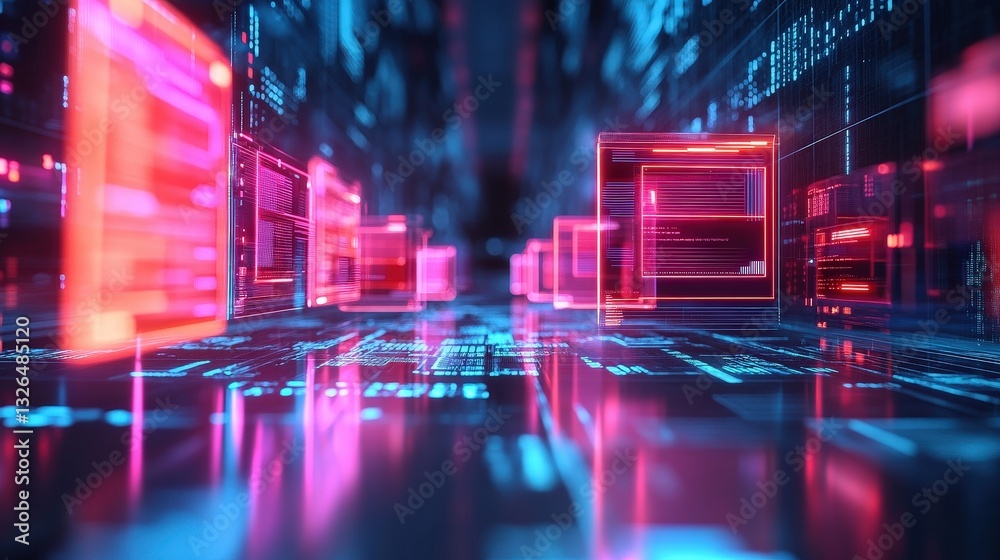 Fototapeta premium A futuristic digital landscape with glowing neon blocks and circuits, creating a vibrant, tech-inspired atmosphere.