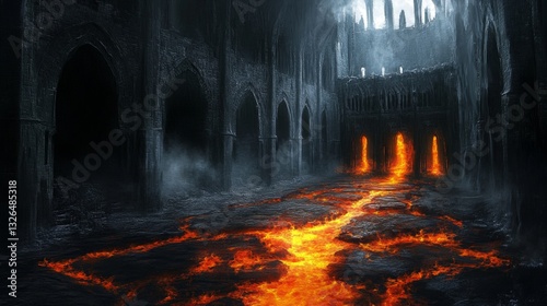 Dark Medieval Castle Lava River: Digital Painting 