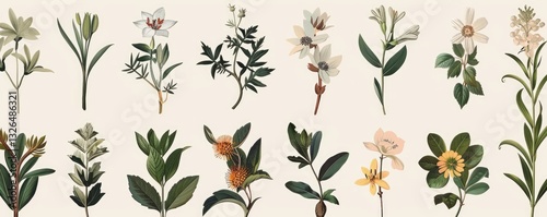 Seamless pattern background featuring a collection of vintage botanical illustrations with flowers and leaves in muted colors. MZ 
