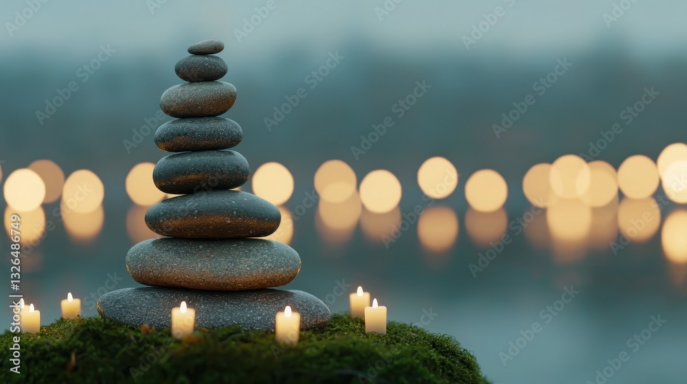 Obraz premium Serene Stack of Stones Surrounded by Soft Candlelight Glow