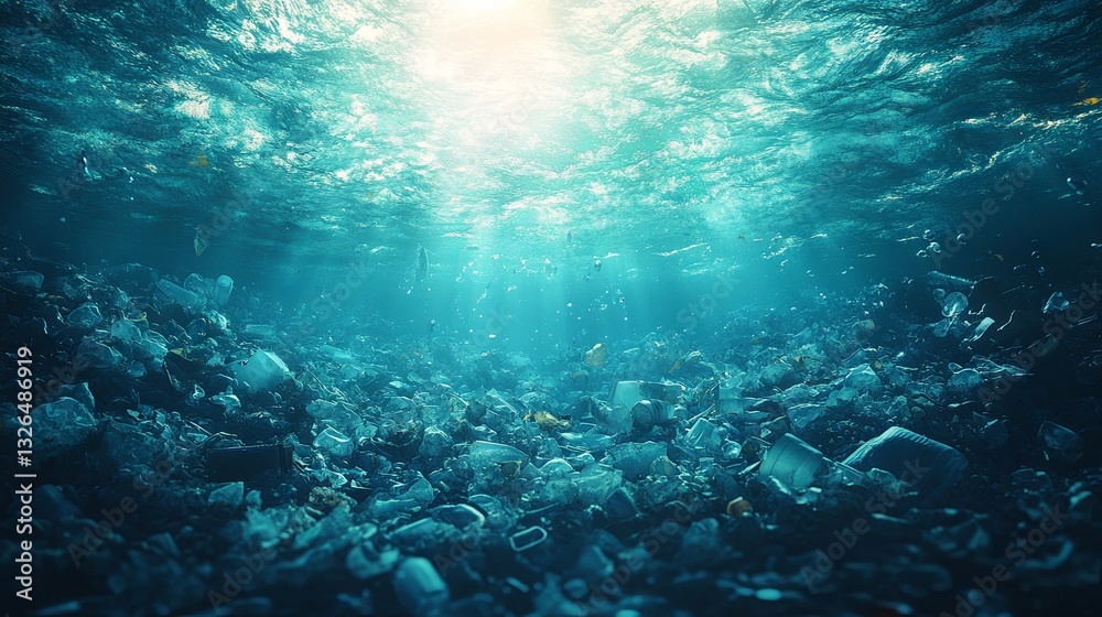 Obraz premium Plastic pollution in the ocean – garbage floating on the sea with underwater shine