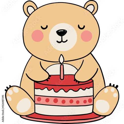 Bear birthday theme, Cute bear sitting with a birthday cake and a candle, exuding a joyful celebration vibe.