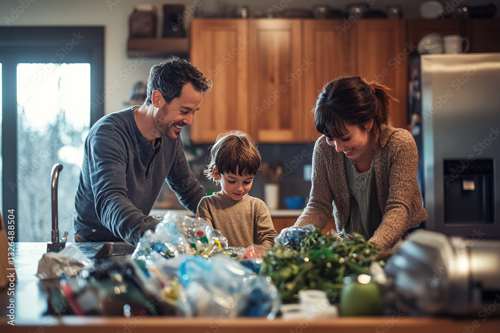 Fototapeta premium Professional Happy Family Cooking Together: Parents and Children Enjoying Meal Kit Delivery Service in Kitchen, Following Recipe on Digital Tablet - Premium