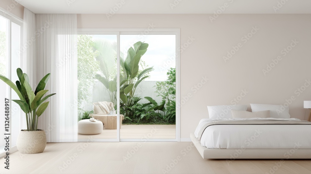 Fototapeta premium Modern serene bedroom with large windows, light interiors, and green plants creating a calming atmosphere.
