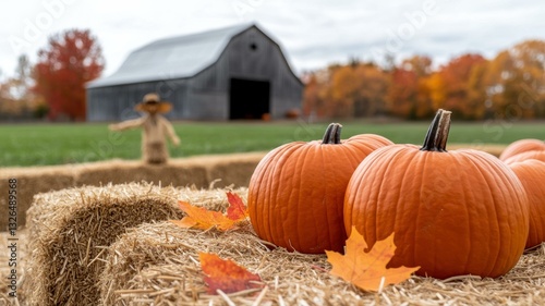 Fototapeta Naklejka Na Ścianę i Meble -  Pumpkins and hay bales on farm with barn in autumn, featuring vibrant fall foliage.
