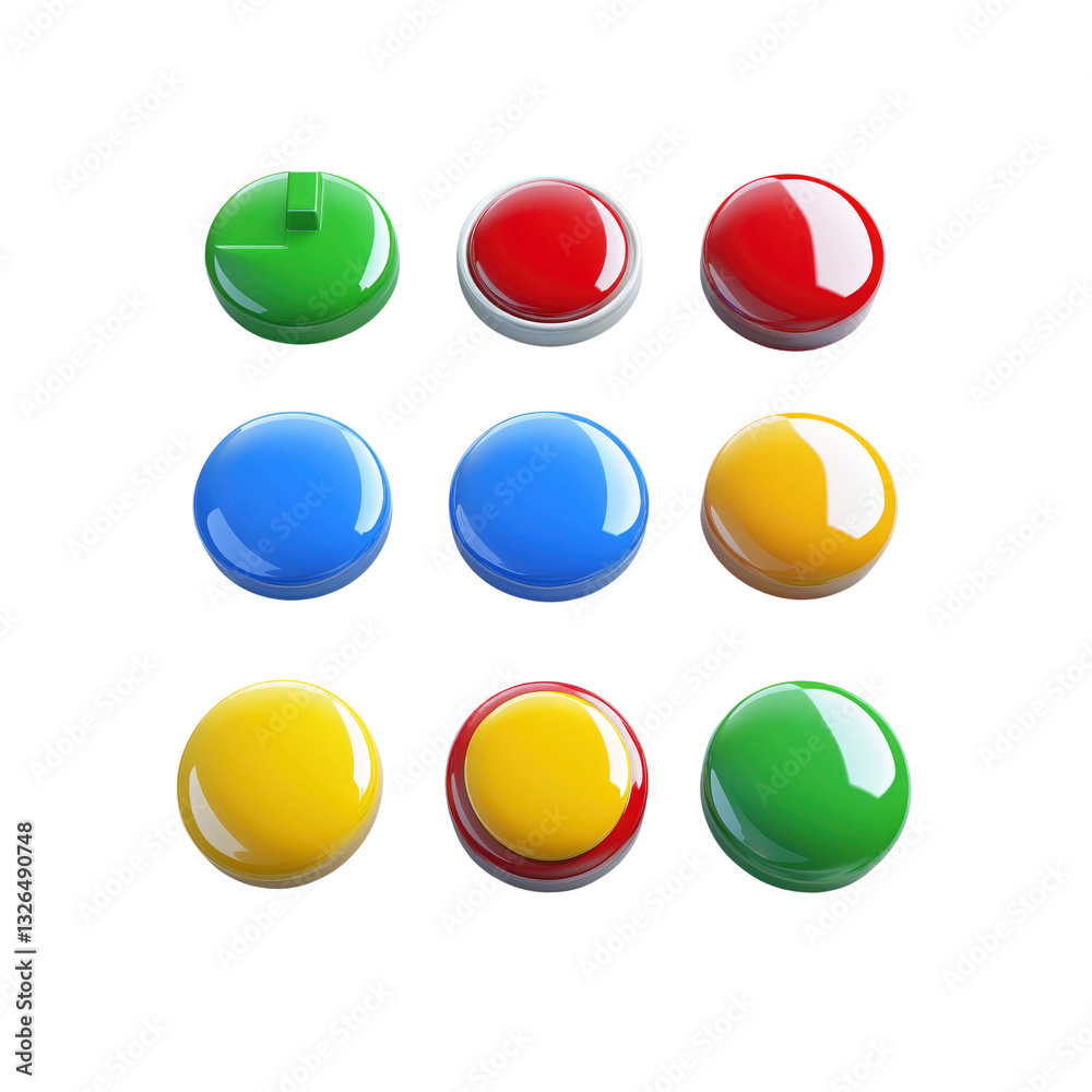 Colorful 3D Shiny Buttons Set - Red, Green, Blue, Yellow Round Icons