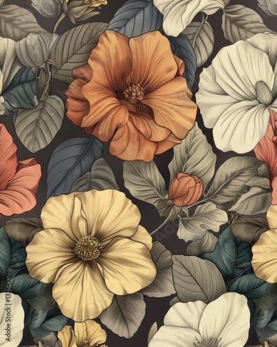 Seamless pattern background featuring a collection of vintage botanical illustrations with flowers and leaves in muted colors. MZ 