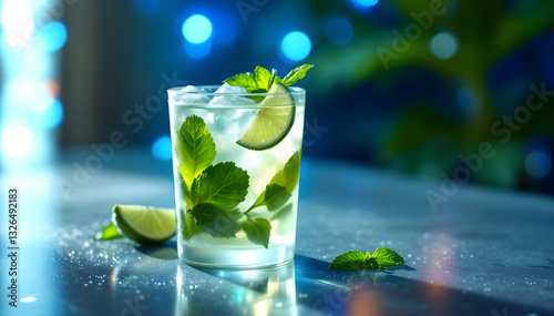 Obraz na płótnie Mojito cocktail on a light table with fresh mint and limes, refreshing drink, photography, editorial w salonie