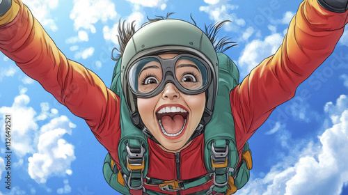 joyful person skydiving with big smile, wearing helmet and goggles, against blue sky with clouds. excitement of jump is palpable