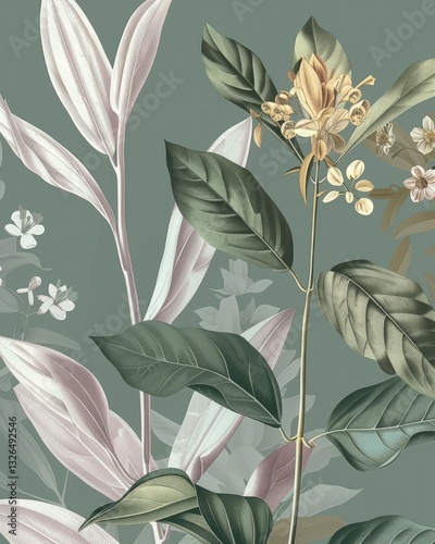Seamless pattern background featuring a collection of vintage botanical illustrations with flowers and leaves in muted colors. MZ 