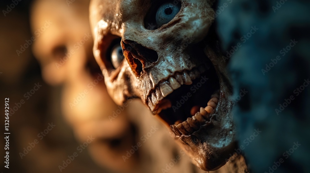 Obraz premium A close-up view of a skull with a striking gaze, revealing a unique blend of horror and beauty, prompting intriguing thoughts on mortality, identity, and the duality of life and death.