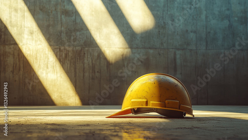 A hard hat rests on the bare floor of an unoccupied construction site. Sunlight filters through windows, creating elongated shadows that stretch across the concrete walls, emphasizing the emptiness