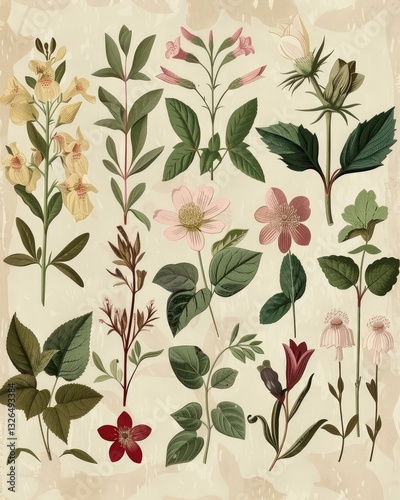 Seamless pattern background featuring a collection of vintage botanical illustrations with flowers and leaves in muted colors. MZ 