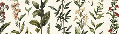 Seamless pattern background featuring a collection of vintage botanical illustrations with flowers and leaves in muted colors. MZ 