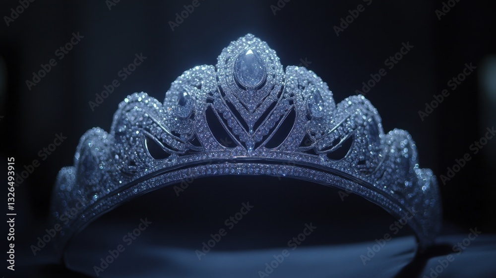 Obraz premium A majestic queens tiara with shimmering diamonds and intricate silver detailing, glowing softly in the darkness