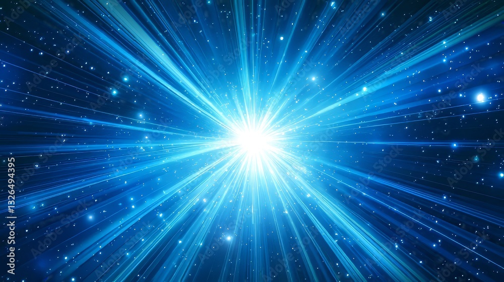 Abstract blue space scene with a burst of glowing energy, a starry sky, beams of light, and a magical, explosive flare creating a cosmic portal