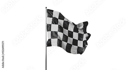Waving checkered flag on pole, isolated on transparent background