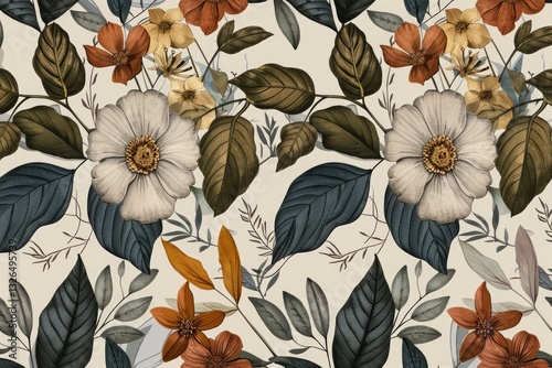 Seamless pattern background featuring a collection of vintage botanical illustrations with flowers and leaves in muted colors. MZ 