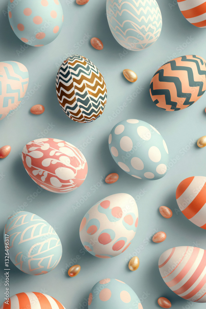 Fototapeta premium Pastel Easter Eggs with Floral Accents on Soft Background