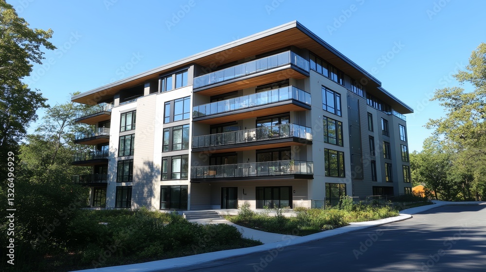 Modern Sustainable Apartment Building with Panoramic Windows and Private Balconies, Featuring Energy-Efficient Design and Urban Tranquility, Ideal for Real Estate and Architecture. Modern Sustainable Apartment Building with Panoramic Windows and Private Balconies, Featuring Energy-Efficient Design and Urban Tranquility, Ideal for Real Estate and Architecture.