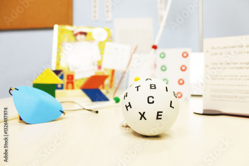 Different objects to do visual therapy with children, ball with letters, red-green glasses and games