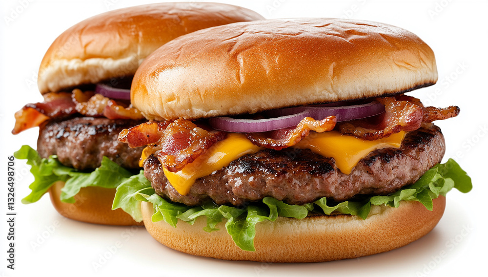 a mouthwatering photo of juicy beef burgers, perfectly browned buns adorned with fresh lettuce and red onion slices a mouthwatering photo of juicy beef burgers, perfectly browned buns adorned with fresh lettuce and red onion slices