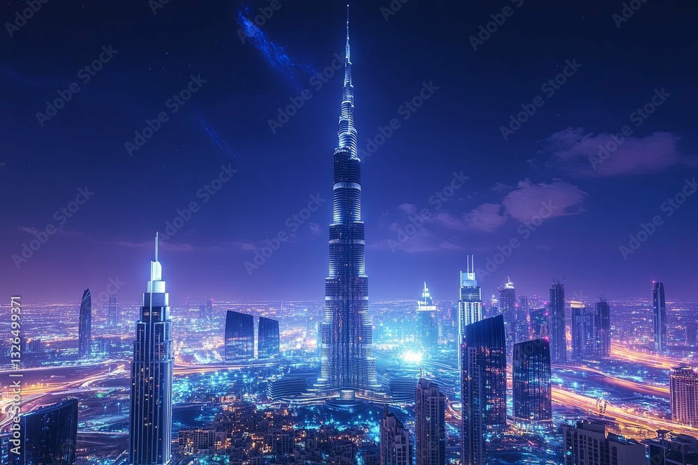 Obraz premium A tall illuminated skyscraper amidst a vibrant cityscape at night