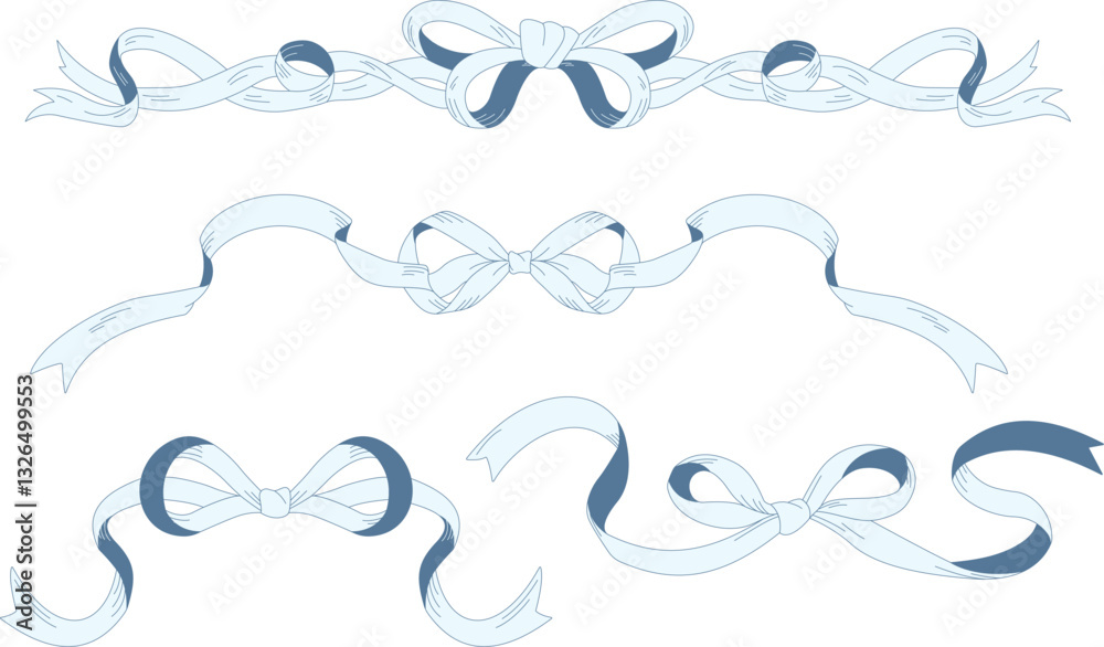 A set of elegant decorative ribbon bows in a delicate hand-drawn style. Perfect for invitations, weddings, greeting cards, packaging, and vintage designs. Soft, flowing lines with intricate details. A set of elegant decorative ribbon bows in a delicate hand-drawn style. Perfect for invitations, weddings, greeting cards, packaging, and vintage designs. Soft, flowing lines with intricate details.