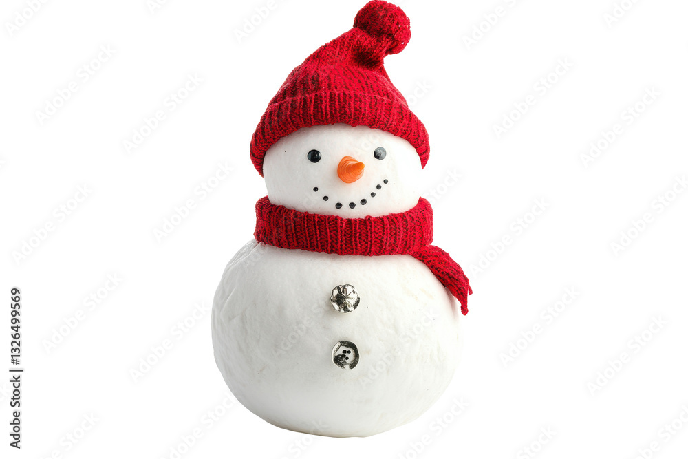 A festive snowman with red hat and scarf isolated on white background for christmas holiday celebration