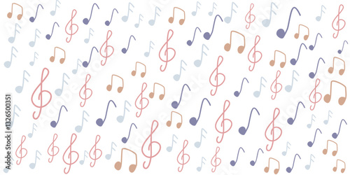 musical notes and treble clefs pattern with soft pastel colors on transparent background