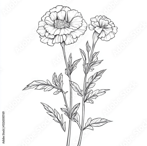 a fine line simple drawing of a marigold flowers. Vertical design, linework