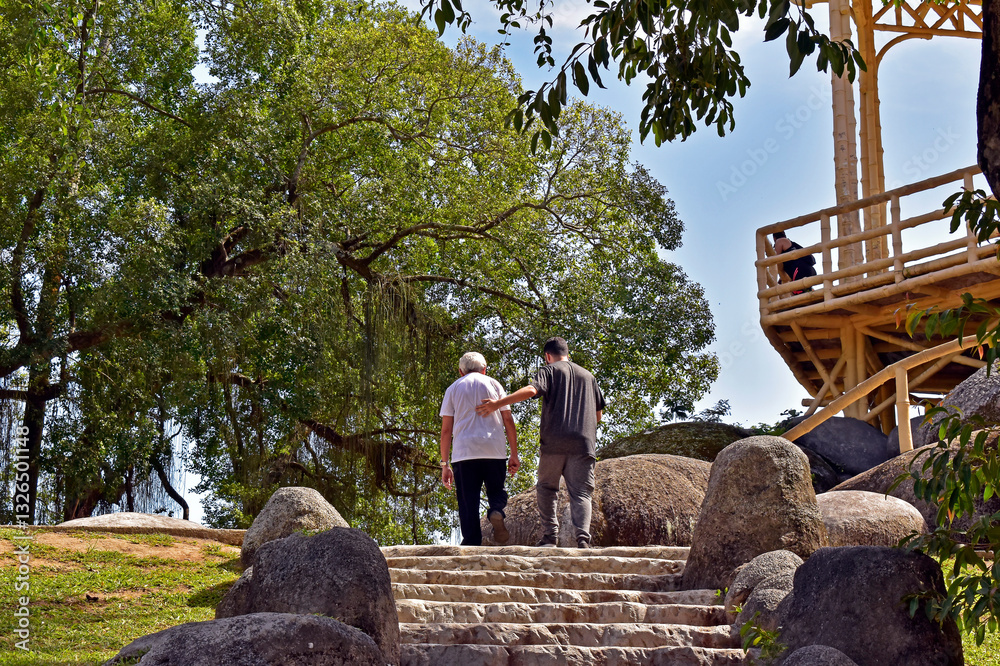 Young man climbing stairs with elderly man, Rio de Janeiro, Brazil