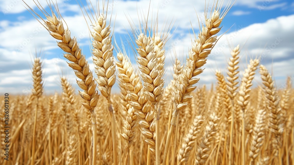 Fototapeta premium Lush golden wheat heads enjoy the sun under a vibrant blue sky with fluffy white clouds, symbolizing agriculture, growth, and the beauty and productivity of nature's gifts.