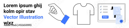 Hand with selecting gesture, minimalist t-shirt outline, online payment interface, and placeholder text. Ideal for e-commerce, shopping, digital payments, UIUX concepts, technology apparel abstract