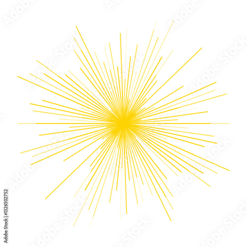 A vibrant yellow burst with elongated rays radiating from a central point, set against a white background, resembling sunshine or fireworks.