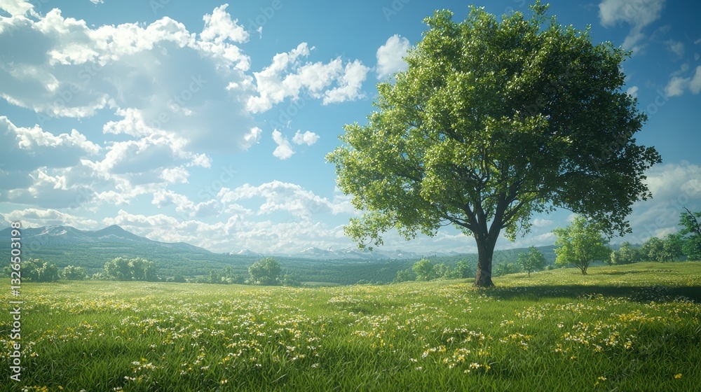 Tranquil Forest Landscape Under Blue Sky with Fluffy Clouds Tranquil Forest Landscape Under Blue Sky with Fluffy Clouds