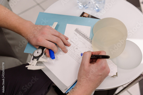 A plastic surgeon holds breast implants in his hands