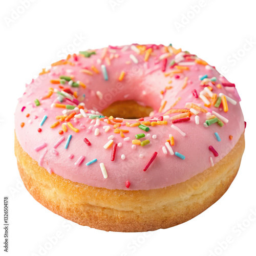 A pink frosted donut topped with colorful sprinkles sits prominently, showcasing its soft texture and round shape isolated on transparent background.