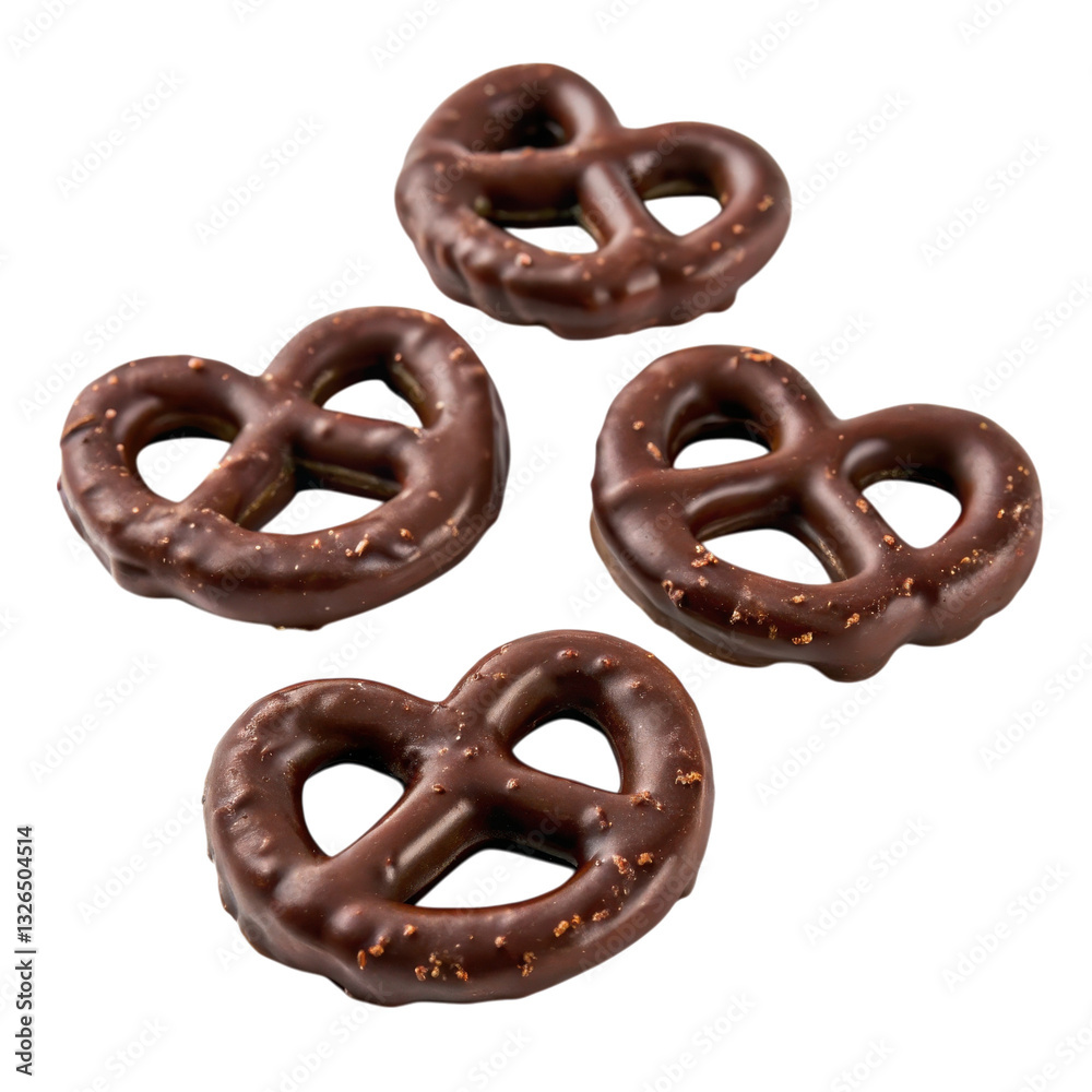 Chocolate-covered pretzels arranged neatly, showcasing their unique shape and texture isolated on transparent background. Chocolate-covered pretzels arranged neatly, showcasing their unique shape and texture isolated on transparent background.