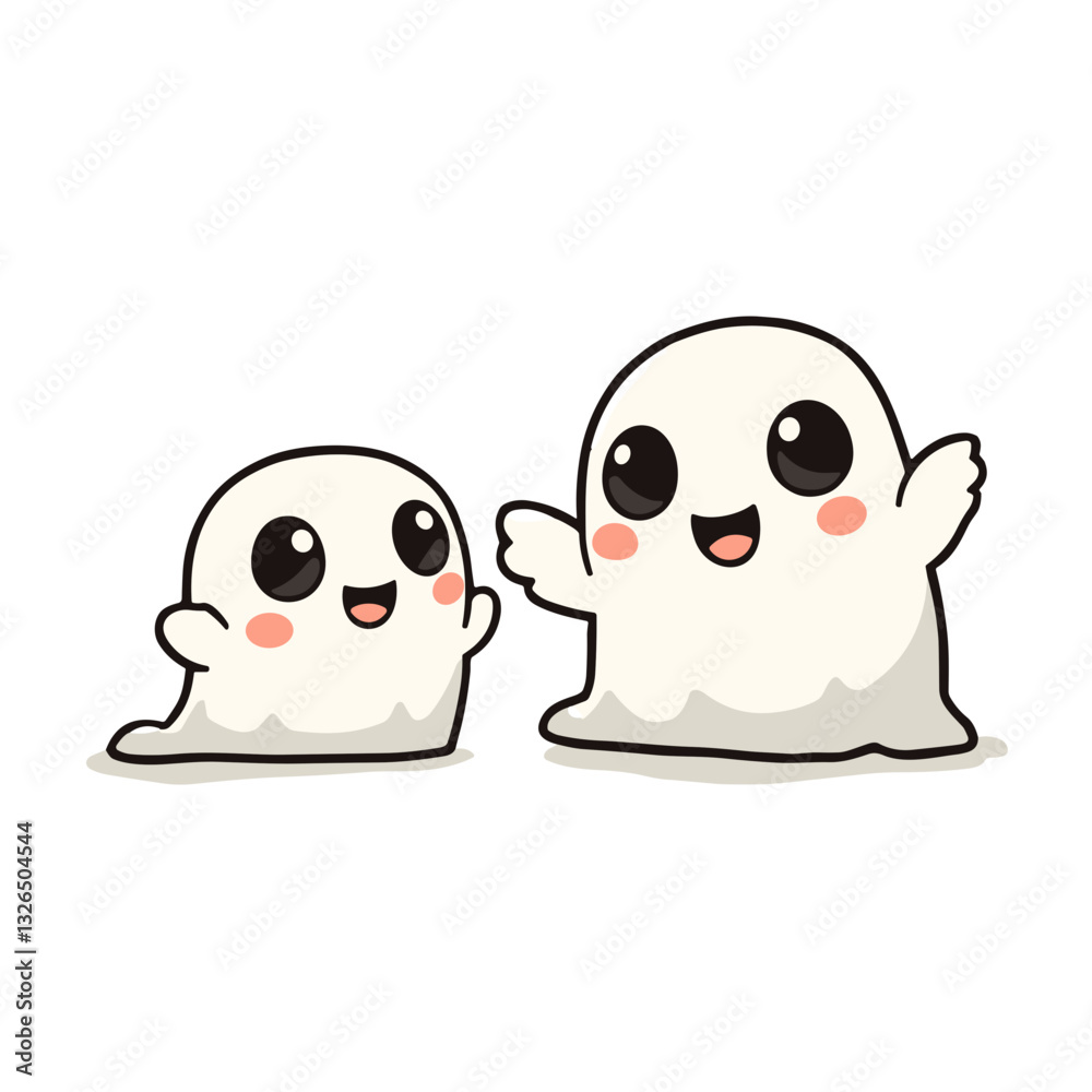 Obraz premium Cute cartoon ghosts smiling together on white background.